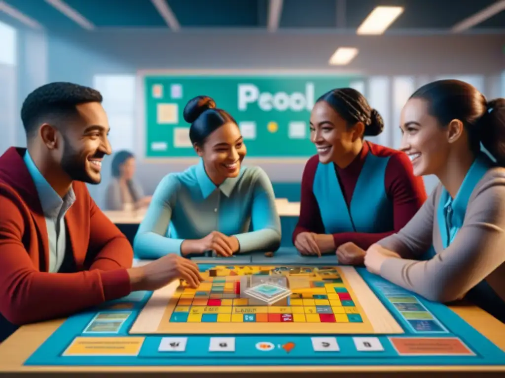 Estudiantes felices y diversos juegan un juego de mesa inclusivo en un aula