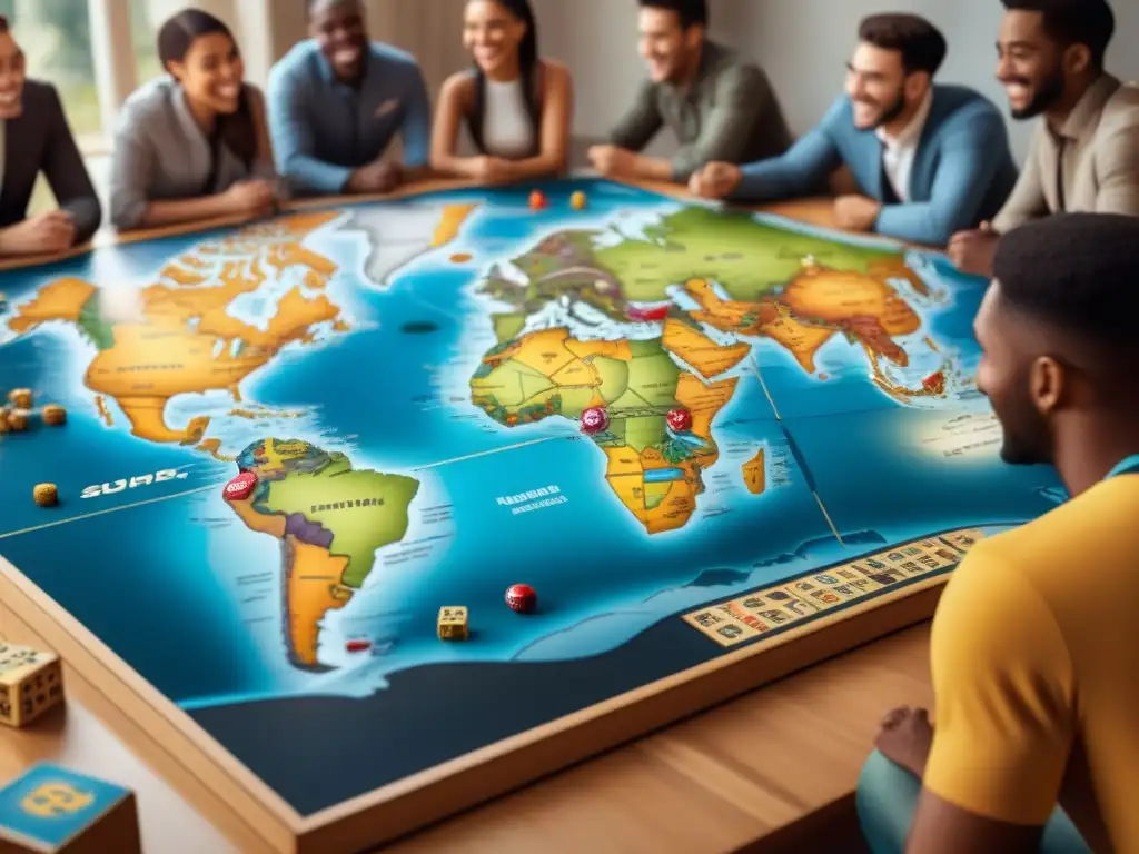 Estudiantes felices jugando juegos de mesa geografía divertida en un aula estimulante