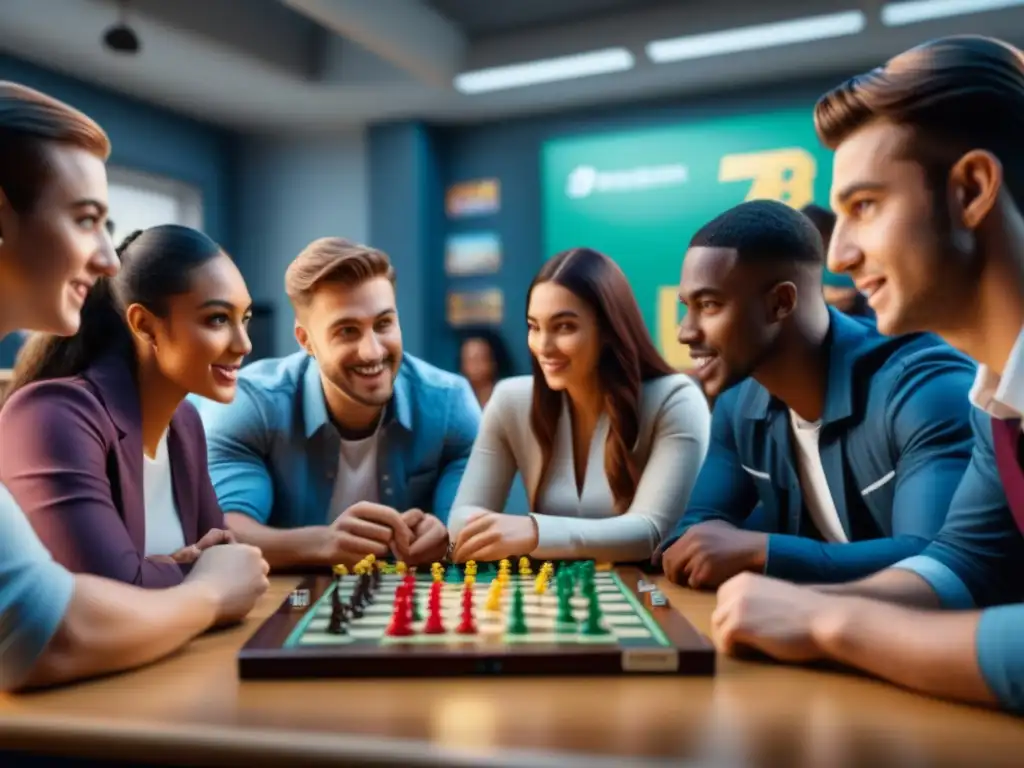 Estudiantes inmersos en estrategias de juegos de mesa en aula luminosa