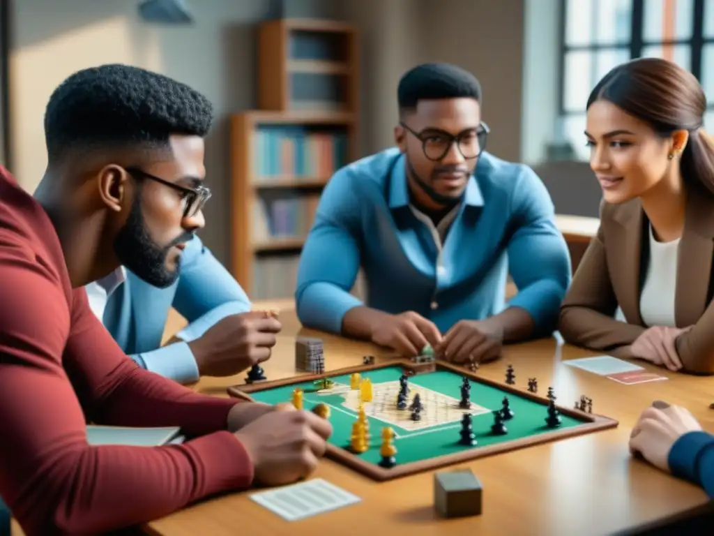 Estudiantes inmersos en juego de mesa histórico, fomentando aprendizaje colaborativo