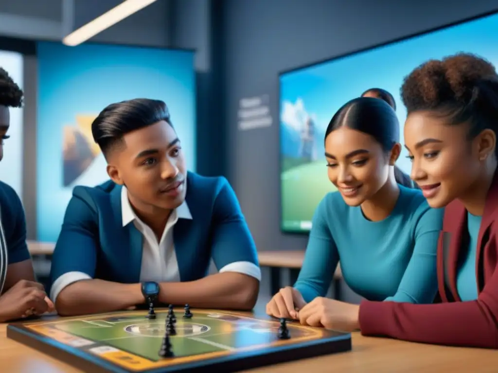 Estudiantes diversos mejoran juego estrategias con realidad aumentada en aula educativa