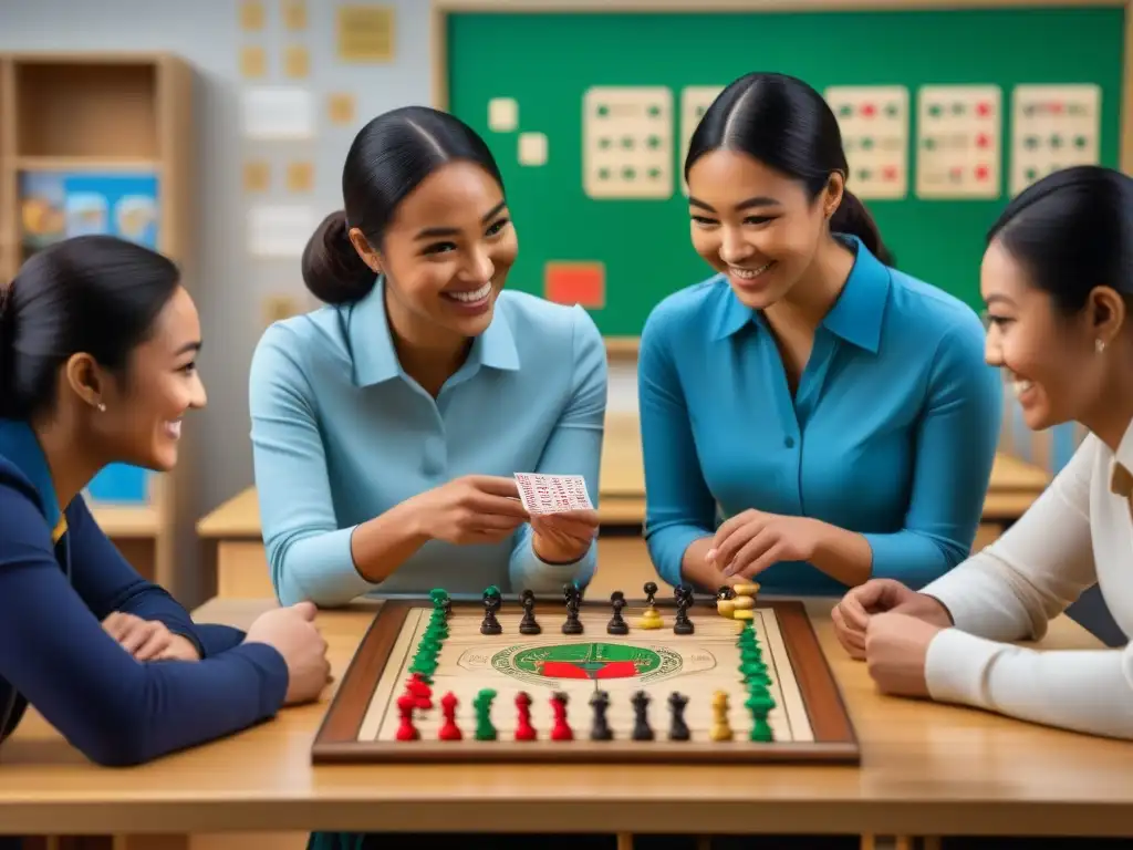 Estudiantes diversos disfrutan de juego estratégico en aula