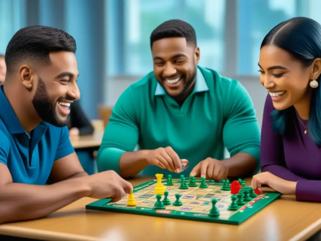 Estudiantes diversos disfrutan de juego de mesa adaptado en aula inclusiva