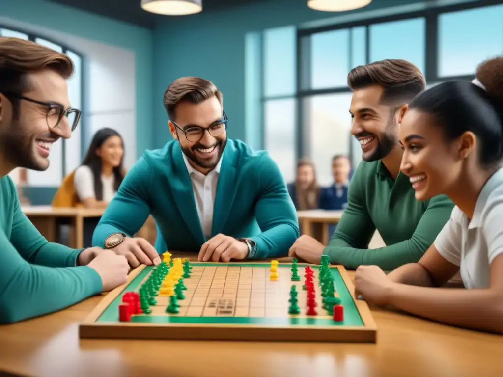 Estudiantes disfrutan de un juego de mesa en aula vibrante