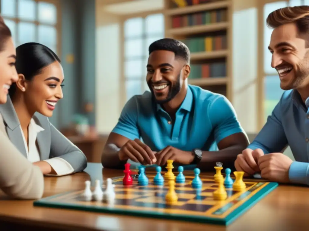 Estudiantes disfrutan de juego de mesa en aula educativa, mostrando beneficios emocionales de juegos de mesa