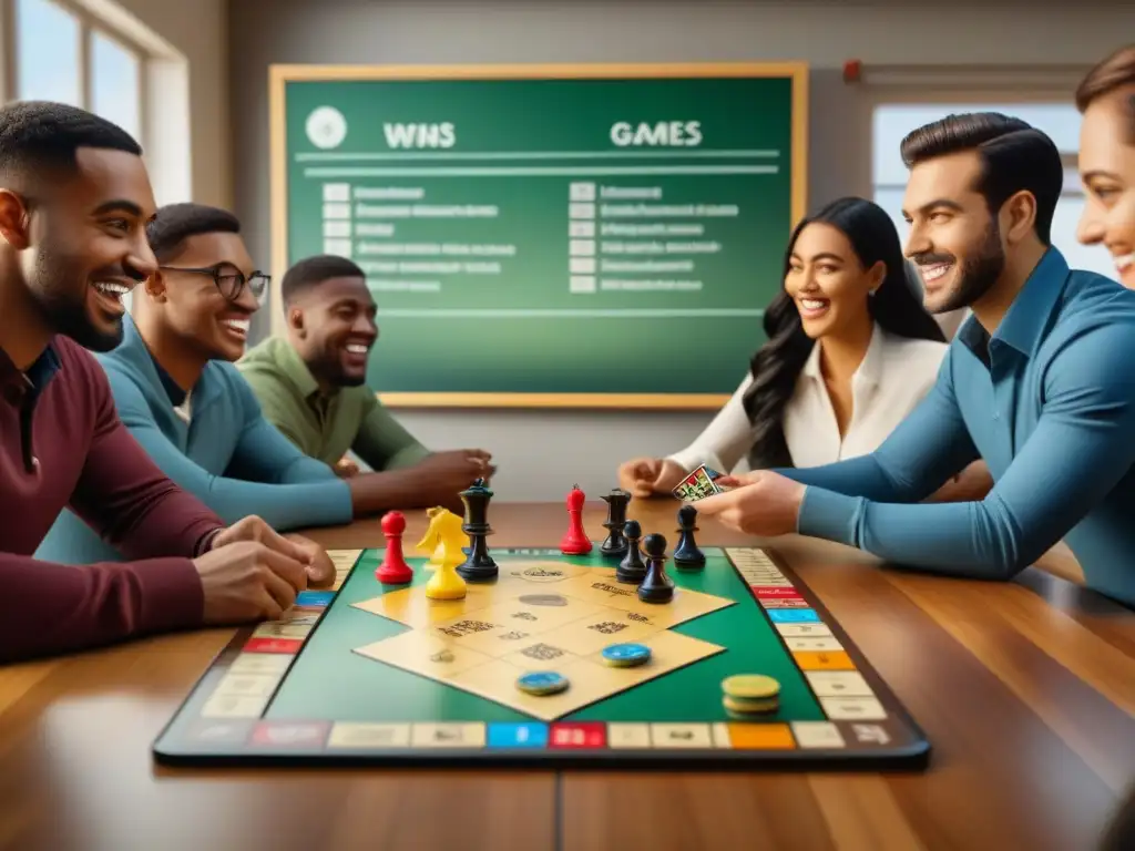 Estudiantes diversos disfrutando de un juego de mesa en el aula, resaltando los beneficios educativos de los juegos de mesa