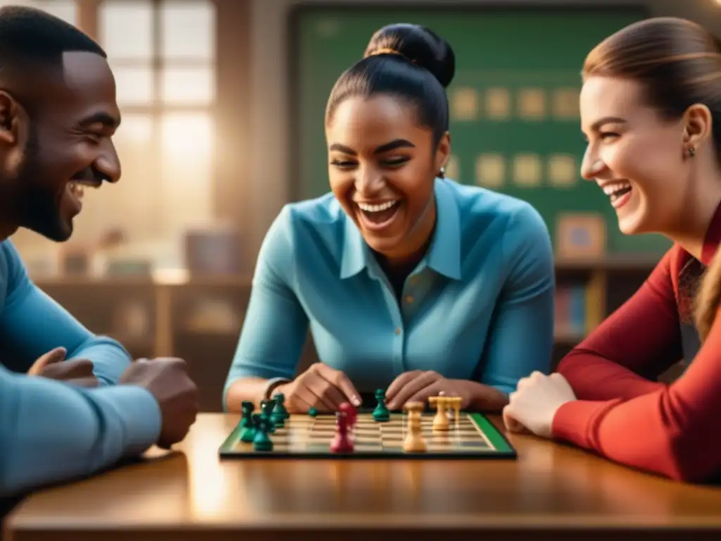 Estudiantes disfrutan juego de mesa en aula, fomentando la concentración y la alegría