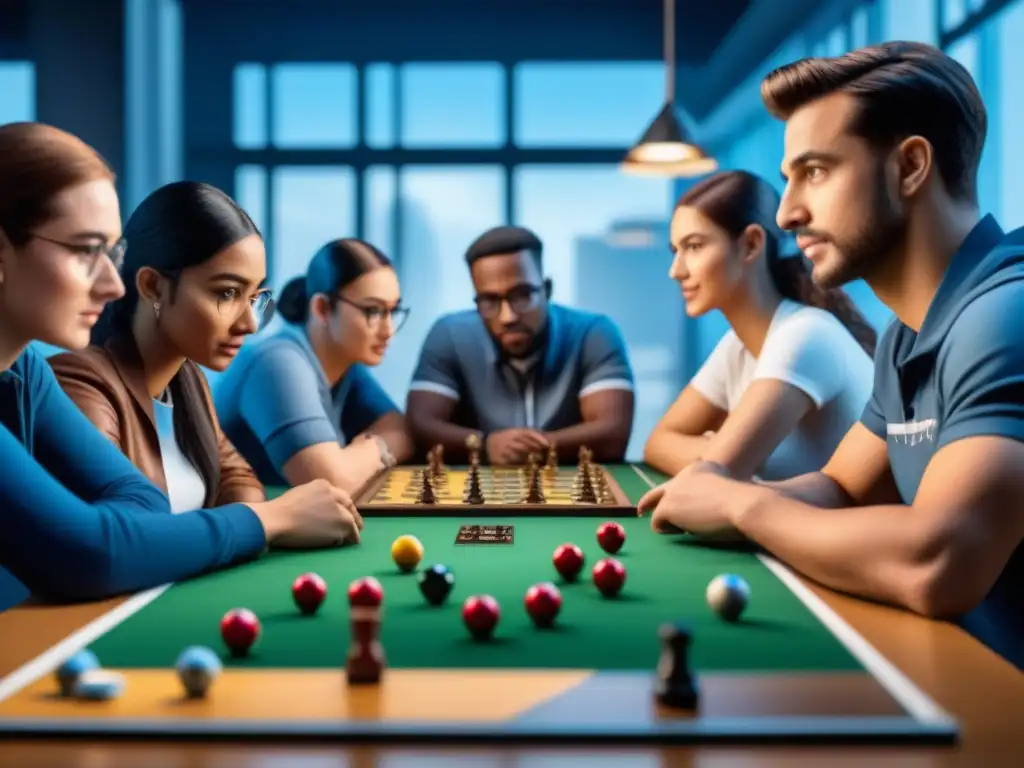 Estudiantes diversos compiten en un juego de mesa en aula luminosa