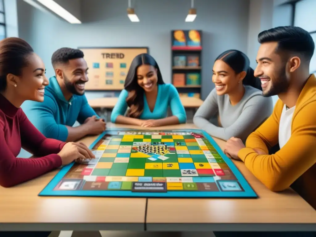 Estudiantes diversos disfrutan de un juego de mesa en aula; fomentando la interacción y la diversión