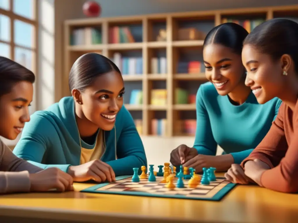 Estudiantes diversos disfrutan del juego de mesa en aula colorida y soleada