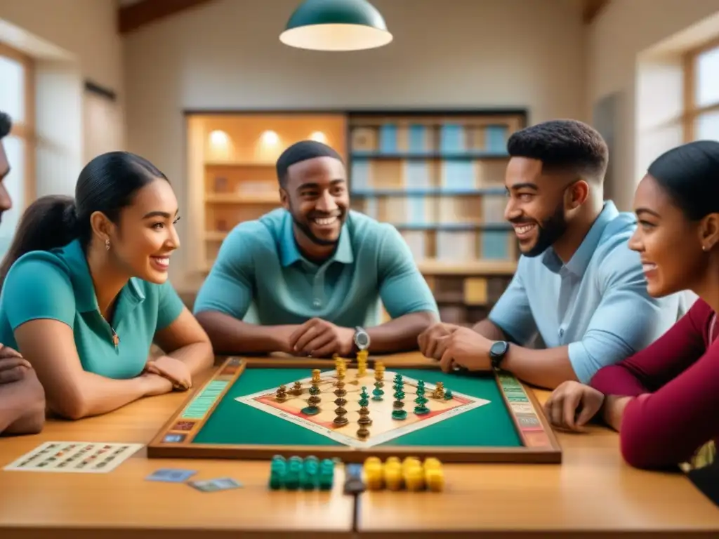 Estudiantes diversos disfrutan de un juego de mesa en equipo, mostrando concentración y camaradería en un aula llena de juegos y pósters educativos