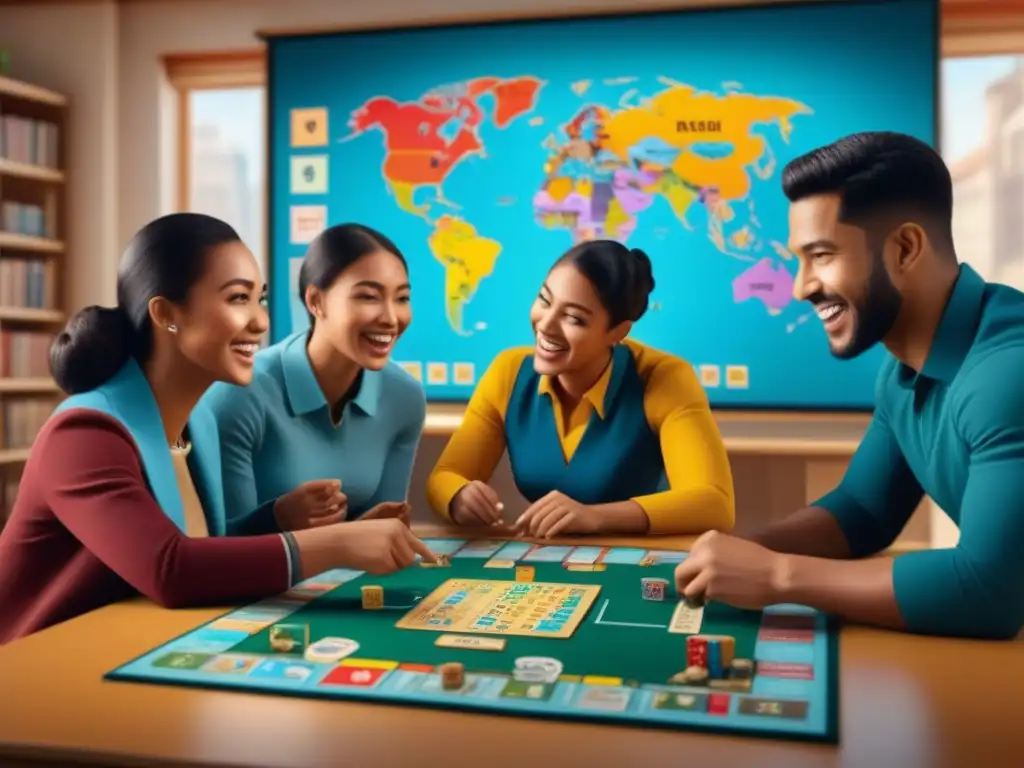 Diversos estudiantes disfrutan de un juego de mesa para comunicación global en un aula vibrante y multicultural