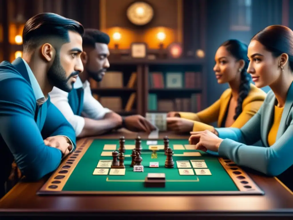 Estudiantes diversos disfrutan de un juego de mesa histórico en un aula acogedora