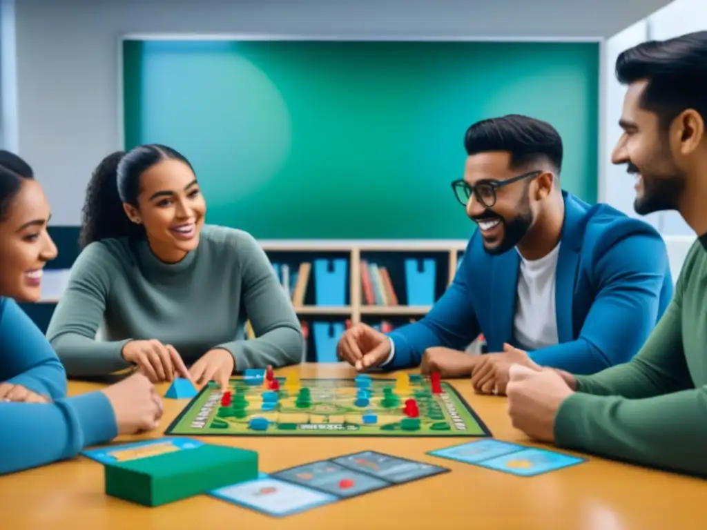 Estudiantes disfrutan de juegos educativos de ciencia, rodeados de cartas y piezas coloridas en un aula inspiradora