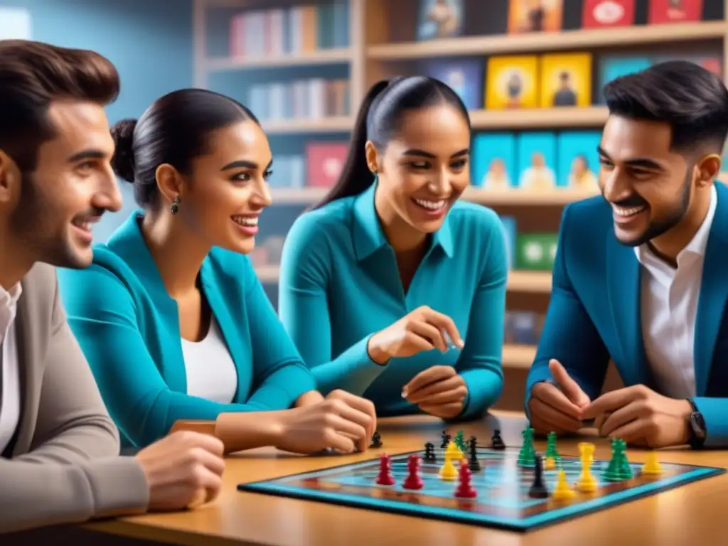 Estudiantes disfrutan juegos de mesa para aprender español en aula llena de materiales educativos y entusiasmo