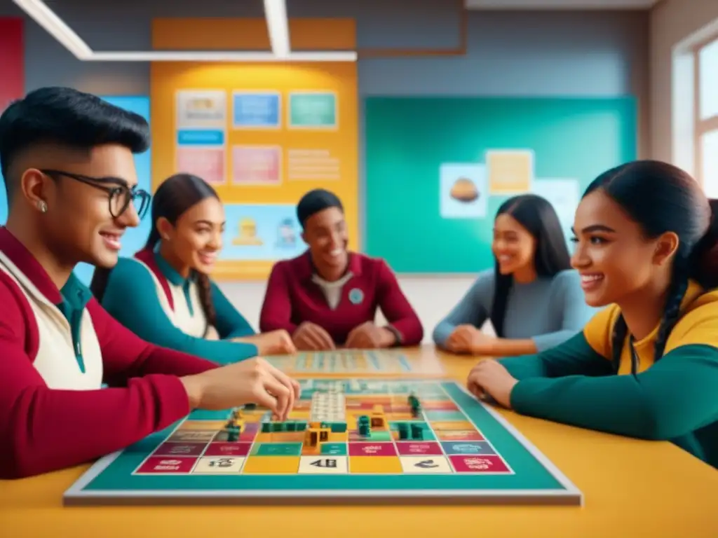 Estudiantes diversos disfrutan de juegos de mesa en educación en aula vibrante y multicultural