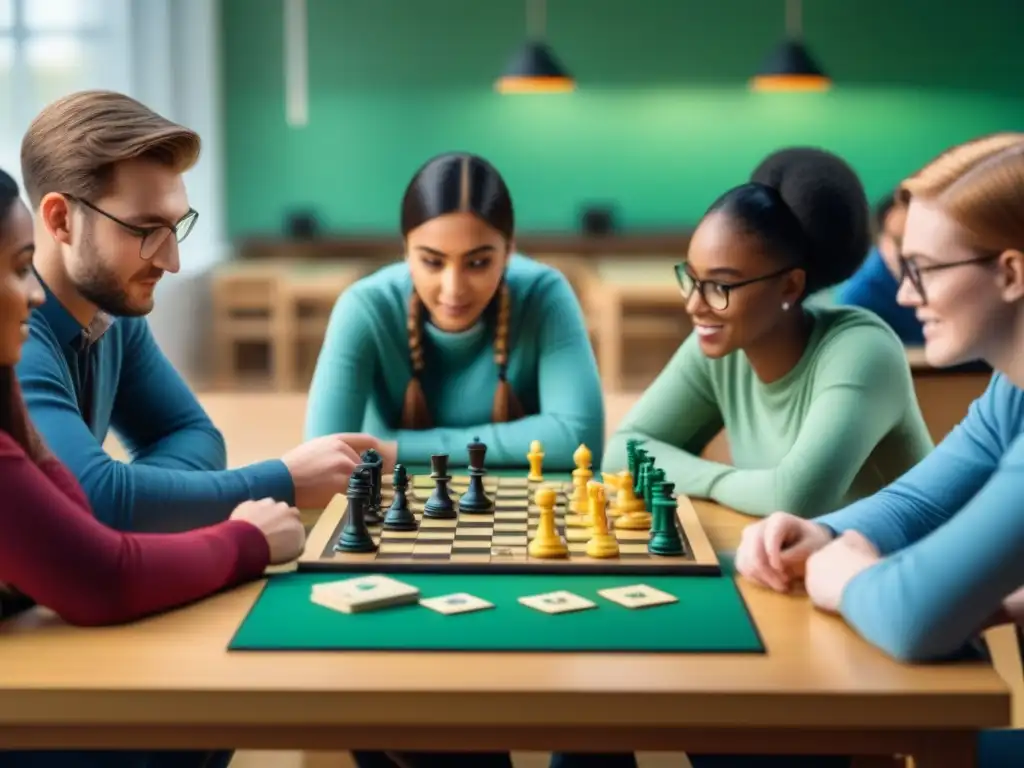 Estudiantes disfrutan de juegos de mesa para educación en un aula vibrante y colaborativa