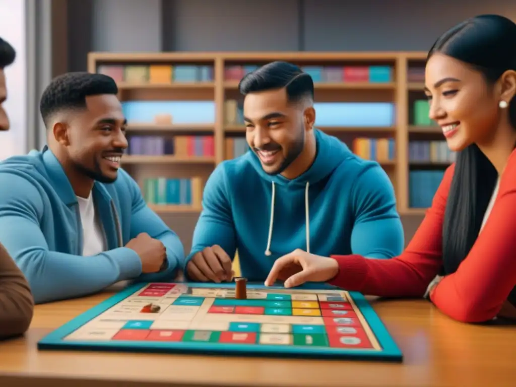 Estudiantes disfrutan de juegos de mesa para pronunciación, concentrados y alegres durante una partida educativa