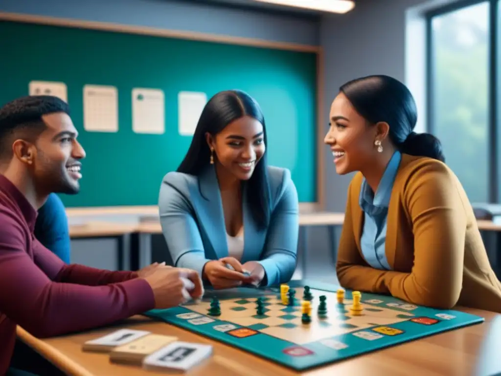 Estudiantes diversos disfrutan de juegos de mesa educativos en aula, fomentando aprendizaje colaborativo y diversión