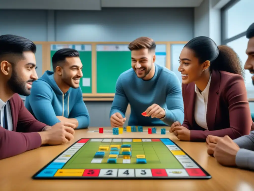 Estudiantes diversos disfrutan de juegos de mesa trabajo en equipo en aula educativa iluminada naturalmente