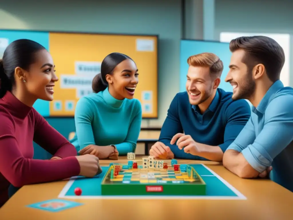 Estudiantes disfrutan de juegos de mesa para habilidades sociales en un aula educativa animada y colaborativa