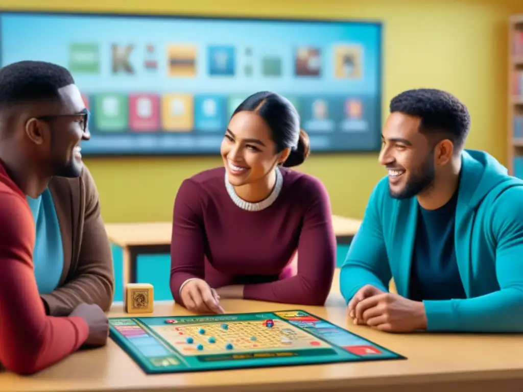 Estudiantes disfrutando de juegos de mesa en educación, colaborando y aprendiendo idiomas con entusiasmo en aula vibrante