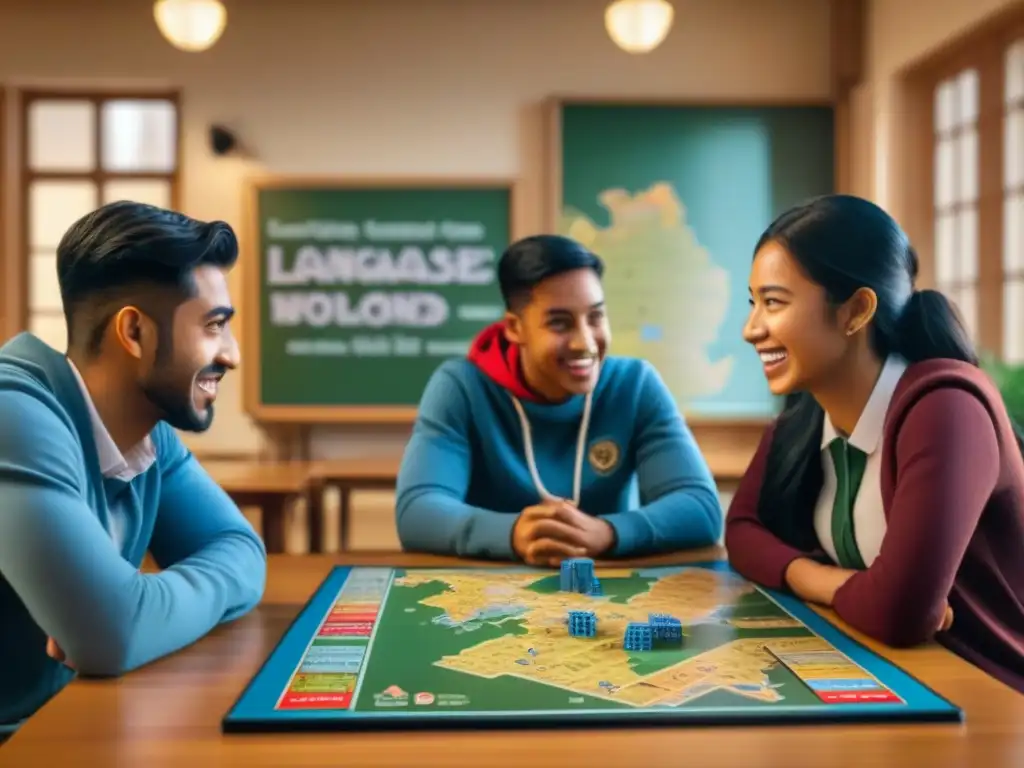 Estudiantes disfrutan de Juegos de mesa para aprender idiomas en aula acogedora con mapamundi y pósteres