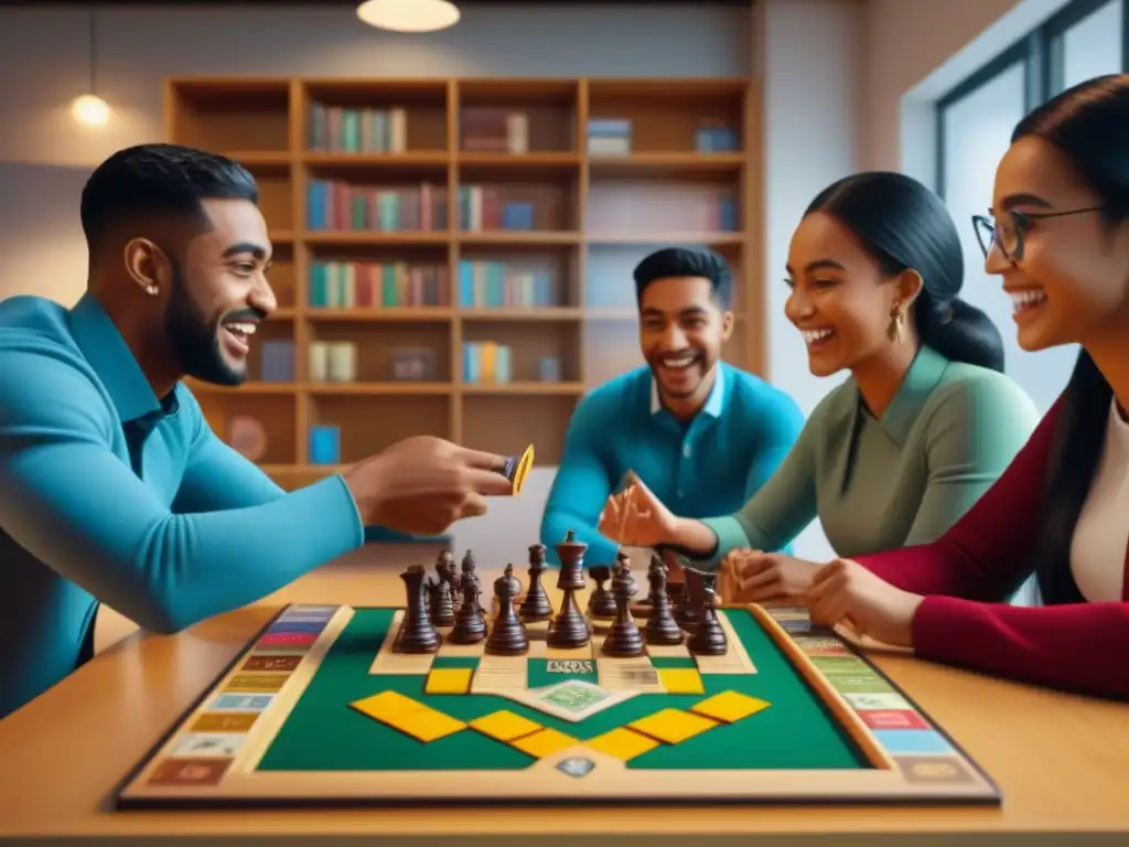 Estudiantes disfrutan de juegos de mesa de tradiciones culturales en aula vibrante