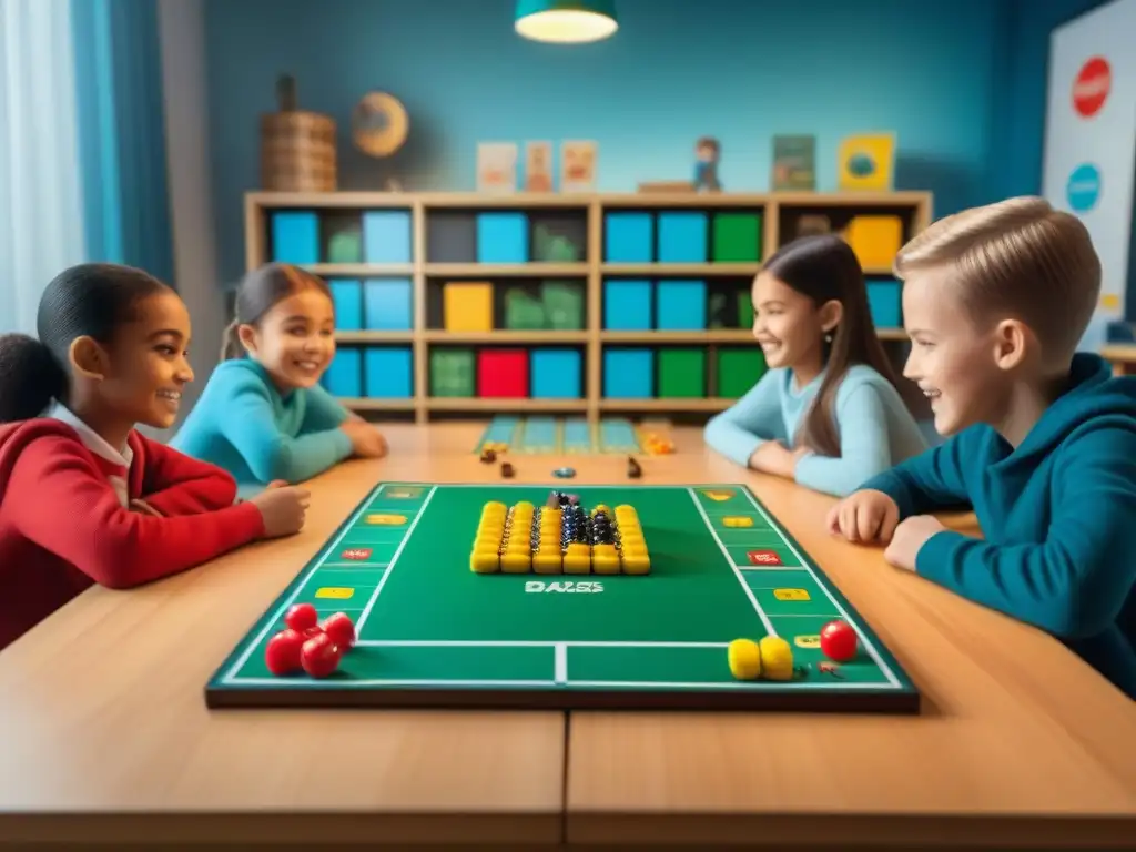 Estudiantes de primaria participan animadamente en un juego de mesa colorido en aula iluminada