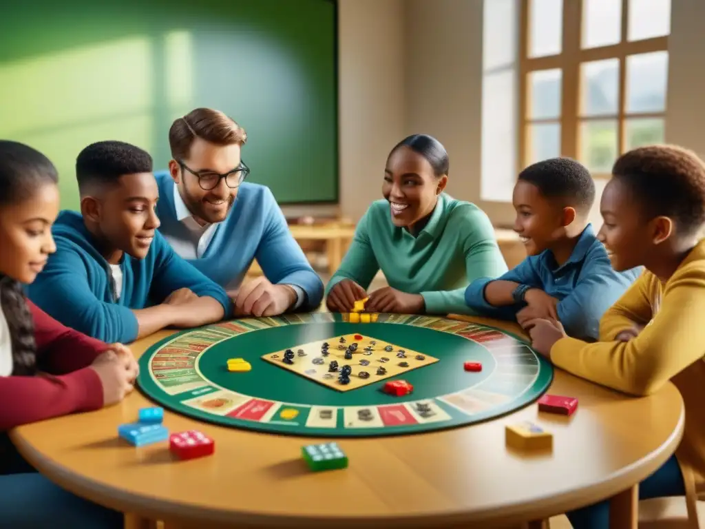 Estudiantes de primaria disfrutando de juegos de mesa en educación, concentrados y emocionados en aula colorida