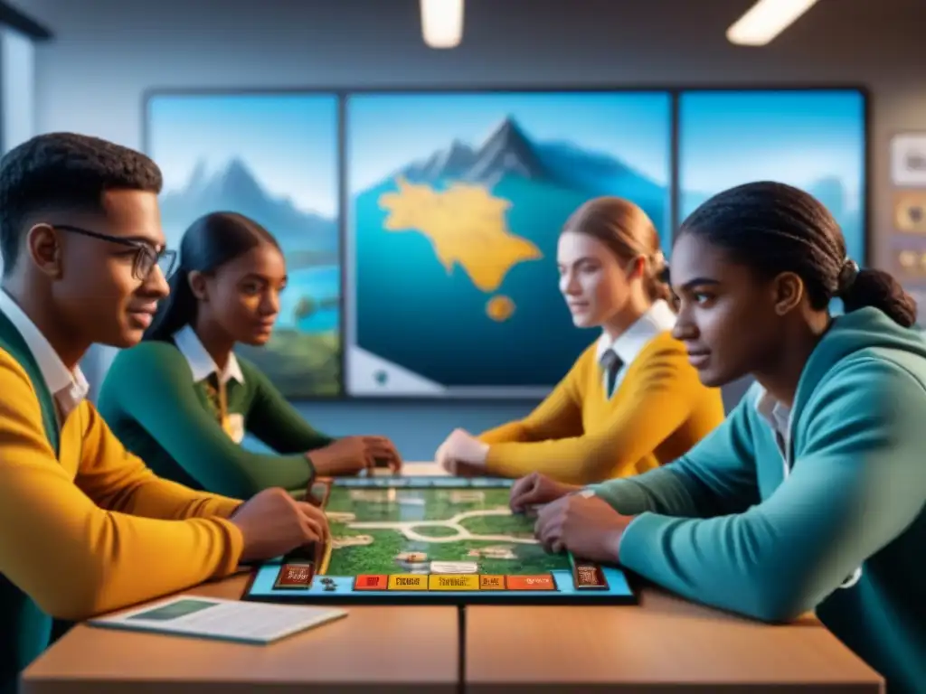 Estudiantes de secundaria inmersos en un juego de mesa sobre desafíos ambientales, fomentando el pensamiento ecológico en educación secundaria