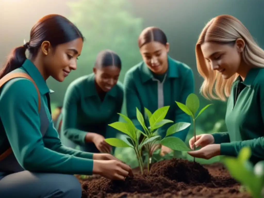 Estudiantes de secundaria con pensamiento ecológico plantan árboles en jardín escolar, rodeados de naturaleza y señalética ecofriendly