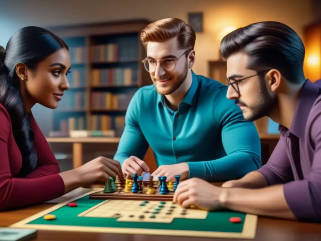 Estudiantes universitarios concentrados en un juego de mesa estratégico, demostrando habilidades sociales y diversión