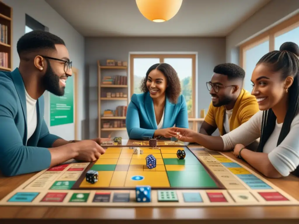 Estudiantes universitarios diversos disfrutan de aprendizaje activo con juegos de mesa en ambiente acogedor