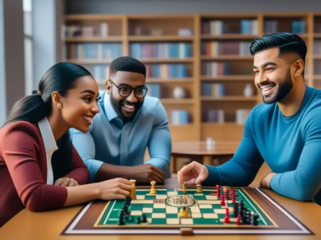 Estudiantes universitarios de diversas etnias y géneros colaboran en un juego de mesa, fomentando habilidades sociales