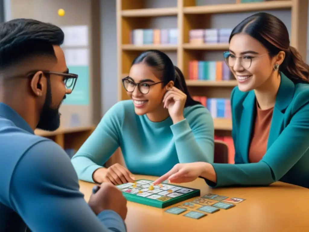 Estudiantes universitarios aprenden idiomas con juegos de mesa en un ambiente educativo vibrante y colaborativo