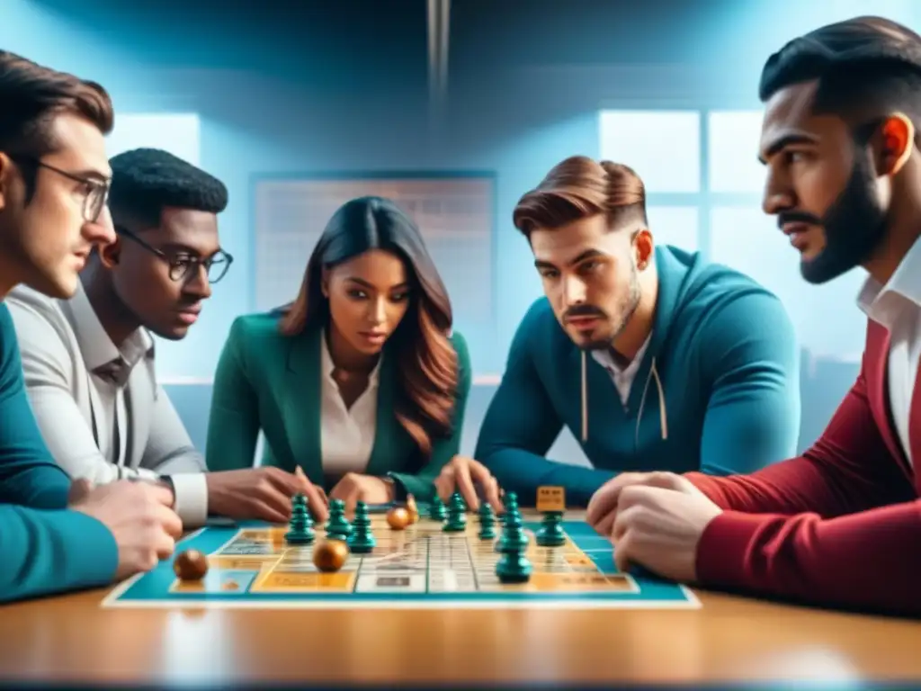 Estudiantes universitarios inmersos en un juego de mesa educativo interactivo, fomentando el pensamiento crítico y el trabajo en equipo