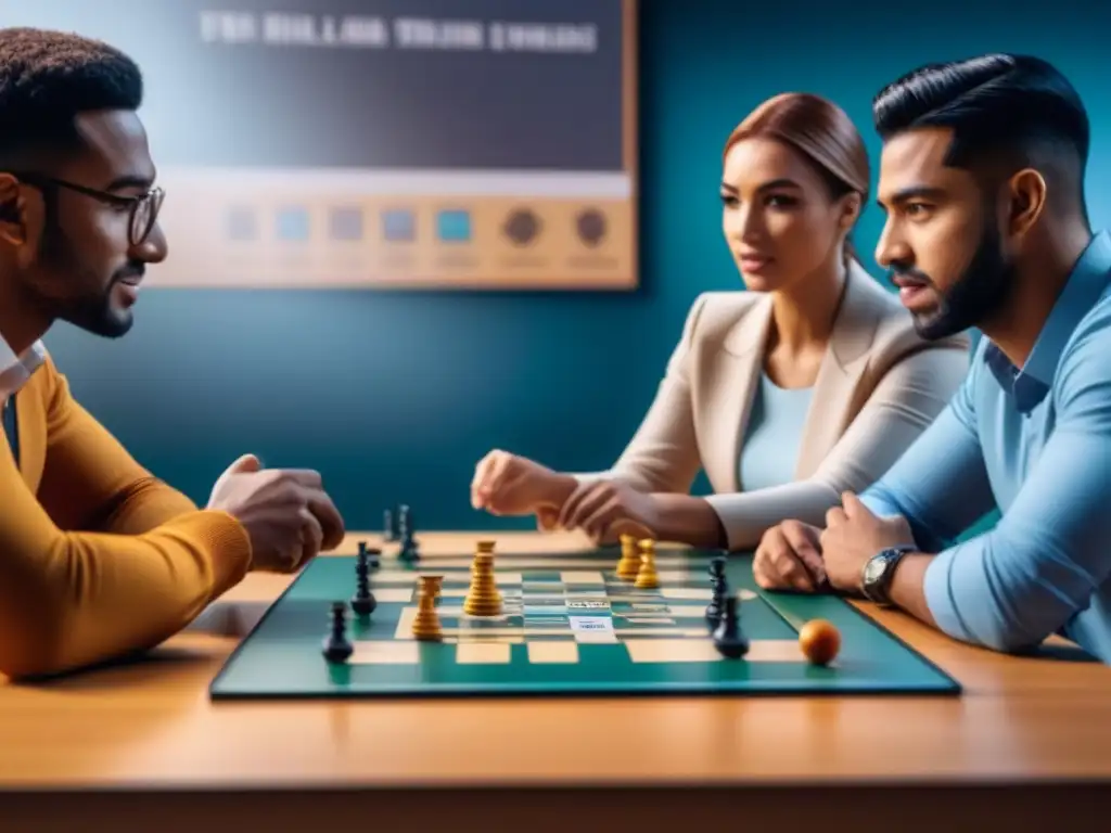 Juego estratégico: universitarios colaboran en aula moderna Estudiantes universitarios juegan animadamente un juego de mesa estratégico en un aula moderna
