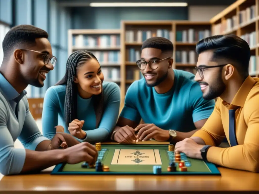 Estudiantes universitarios juegan un juego de mesa en biblioteca, mostrando la importancia de juegos de mesa en universidad