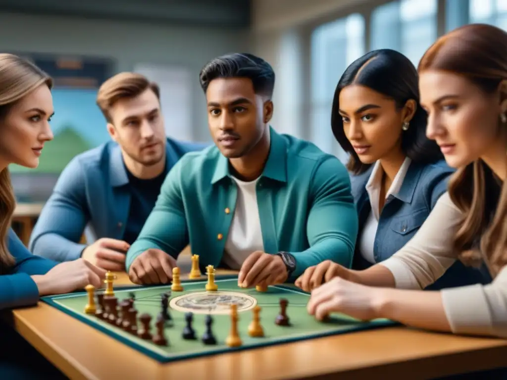 Estudiantes universitarios disfrutan de un juego de mesa estratégico en clase, resaltando la importancia de juegos de mesa en universidad