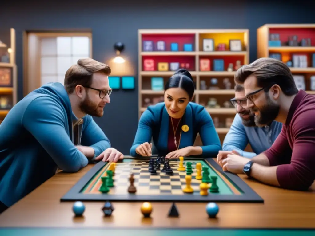 Equipo de diseñadores de juegos de mesa inmersos en creativa colaboración Un estudio caótico de diseño de producto en juegos de mesa, con diseñadores discutiendo prototipos coloridos con intensa emoción