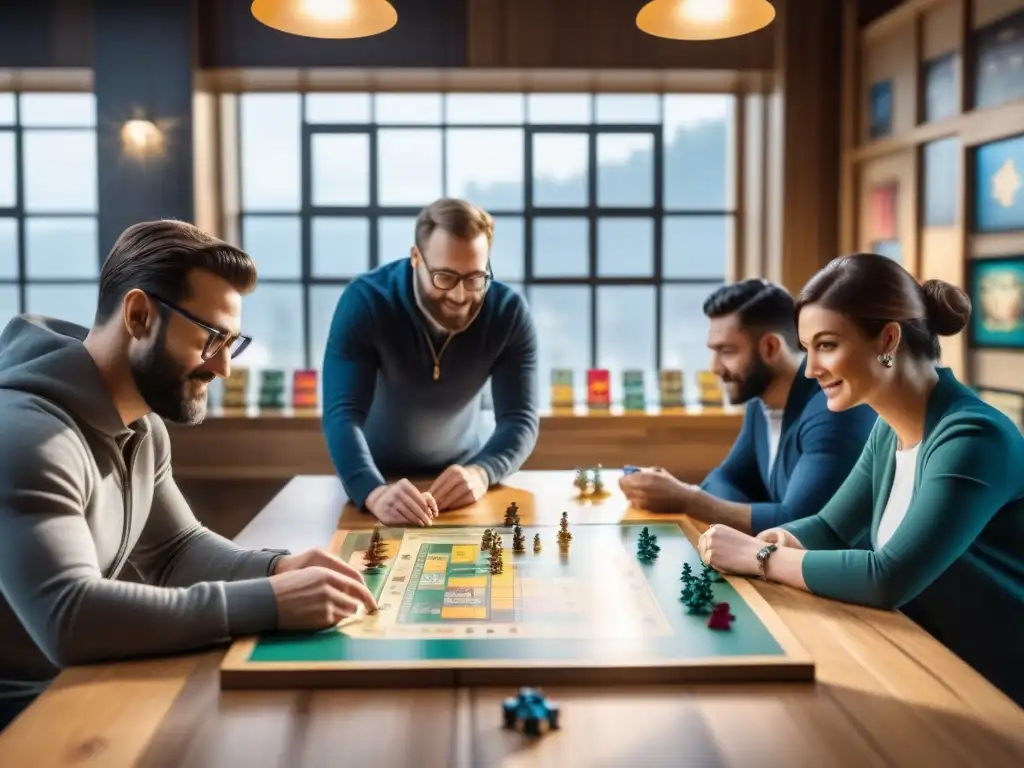 Un estudio creativo de juegos de mesa, con diseñadores y artistas colaborando en un packaging creativo