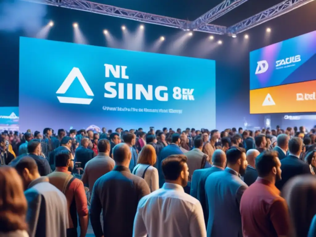 Evento de Gaming: Dinamismo y Emoción en Alta Resolución Evento de juegos con estrategias patrocinio, stands y conferencia en vivo