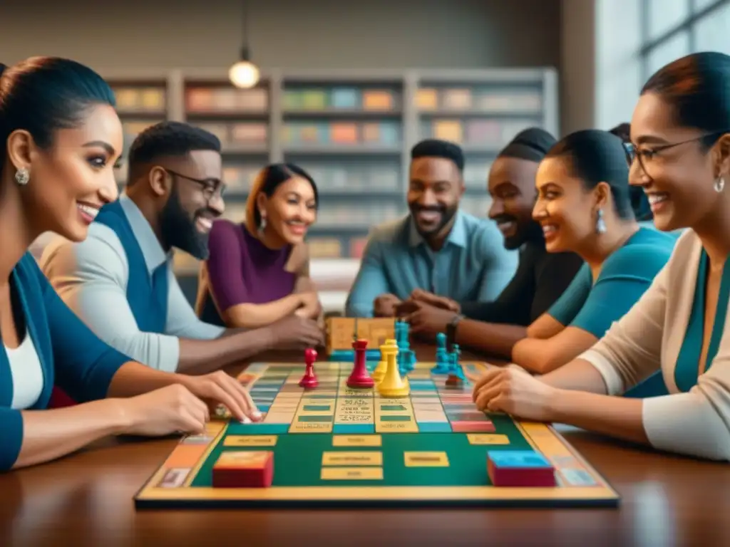 Un evento de juegos de mesa inclusivos en un centro comunitario, mostrando diversidad y camaradería en una mesa larga