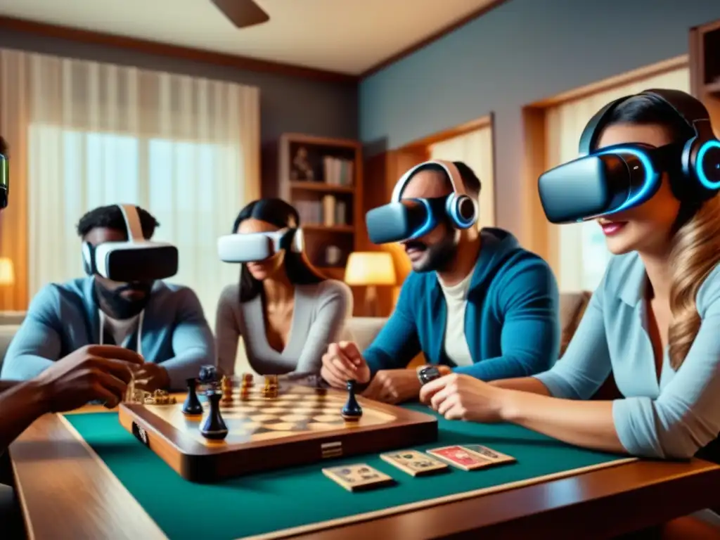 Experiencia inmersiva de amigos jugando juegos de mesa en realidad virtual, en acogedor salón