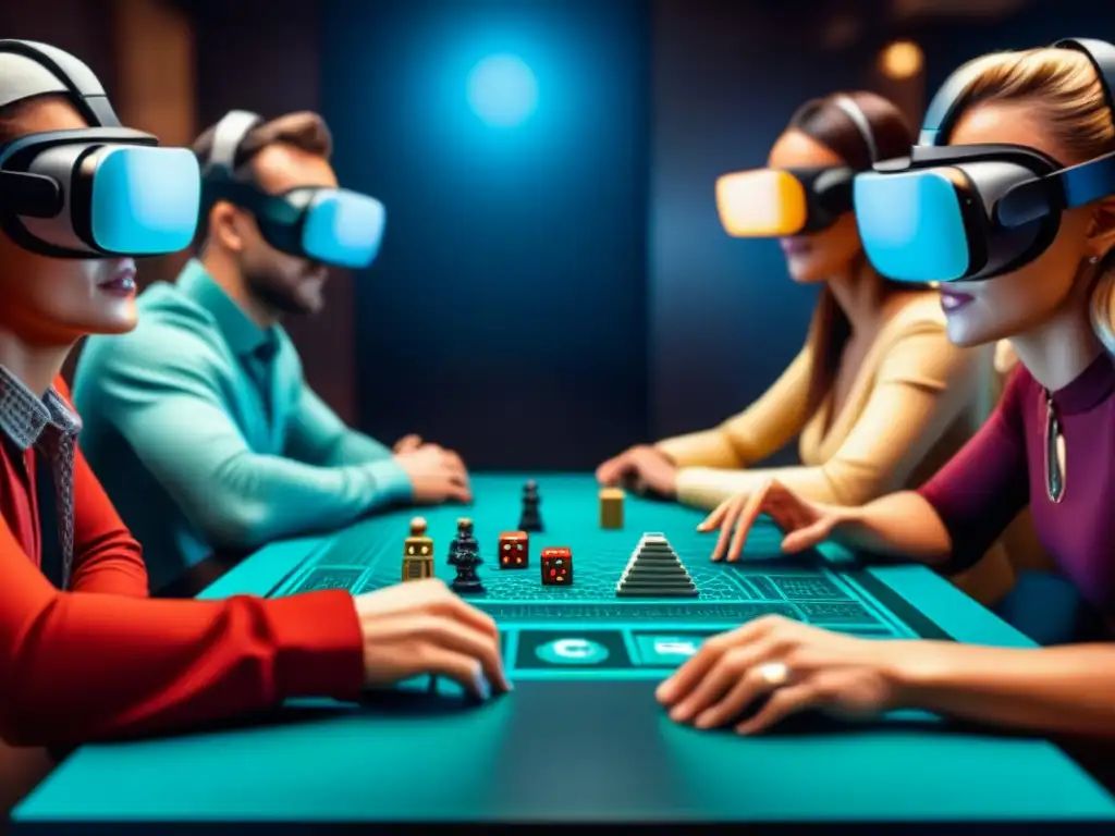 Experiencia inmersiva de juegos de mesa en Realidad Virtual con jugadores concentrados y emocionados en un mundo digital futurista