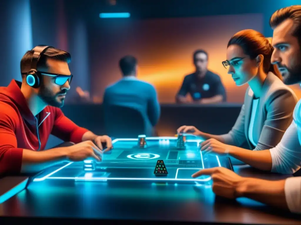 Experiencia inmersiva con tecnología wearable: Jugadores inmersos en juego de mesa futurista con hologramas