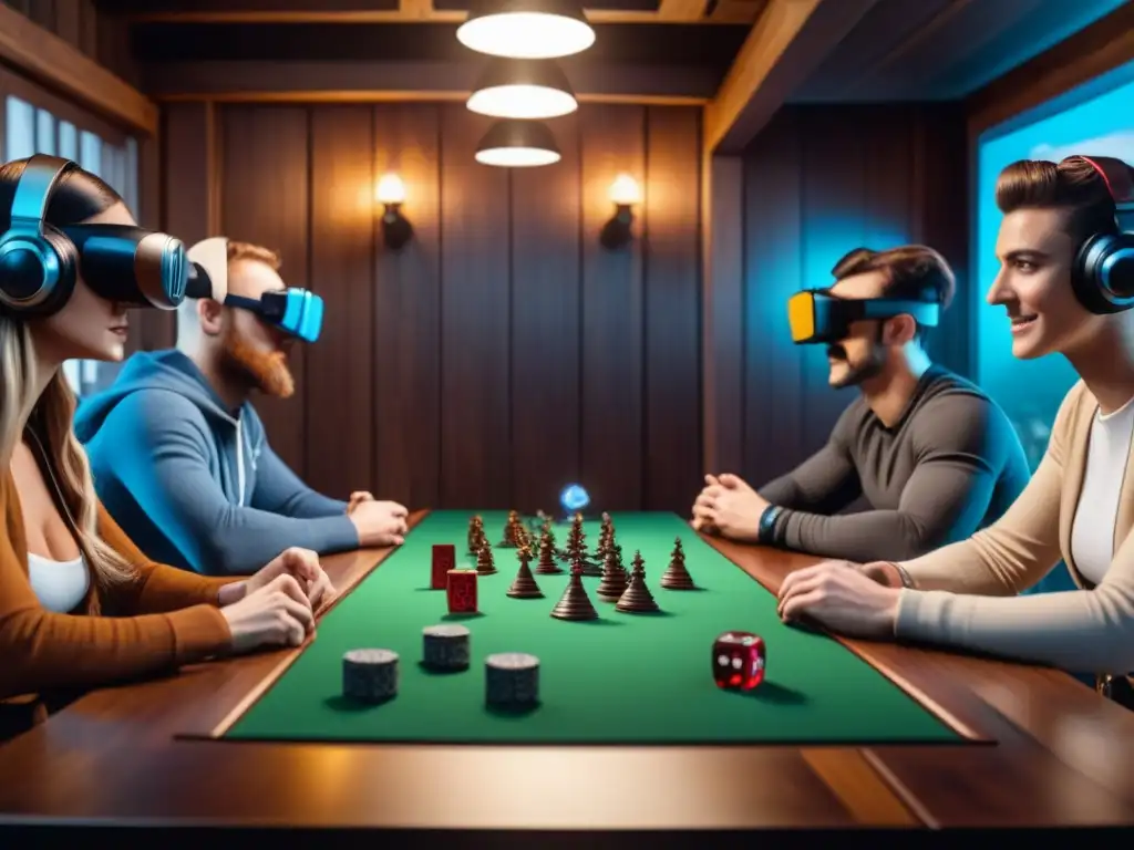 Experiencia de juegos de mesa y realidad virtual en ambiente acogedor con amigos