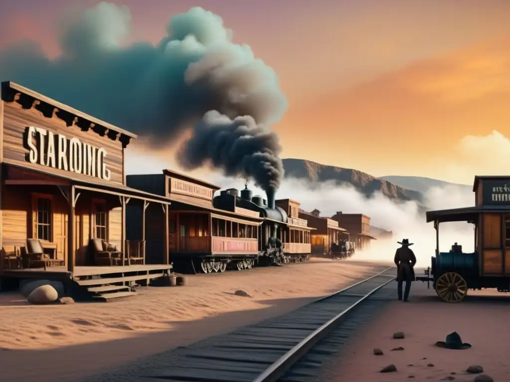 Experiencia rol Deadlands Viejo Oeste: Cowboys en un pueblo fantasma del Salvaje Oeste, con tren de vapor al atardecer