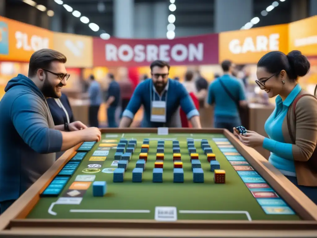 Una experiencia sensorial en ferias de juegos de mesa: un bullicioso evento con tableros coloridos, jugadores entusiastas y risas familiares